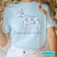 Load image into Gallery viewer, Frenchie Mom T-Shirt, Blue Toile Floral French Bulldog Design, Perfect Gift for Dog Lovers, Comfort Colors Cute Women&#39;s Tee, Chinoiserie Dog
