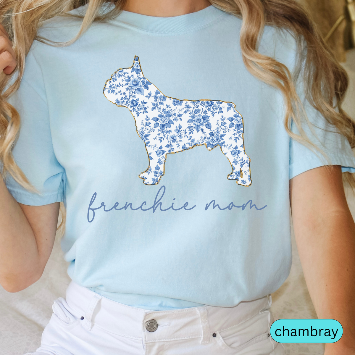 Frenchie Mom T-Shirt, Blue Toile Floral French Bulldog Design, Perfect Gift for Dog Lovers, Comfort Colors Cute Women's Tee, Chinoiserie Dog