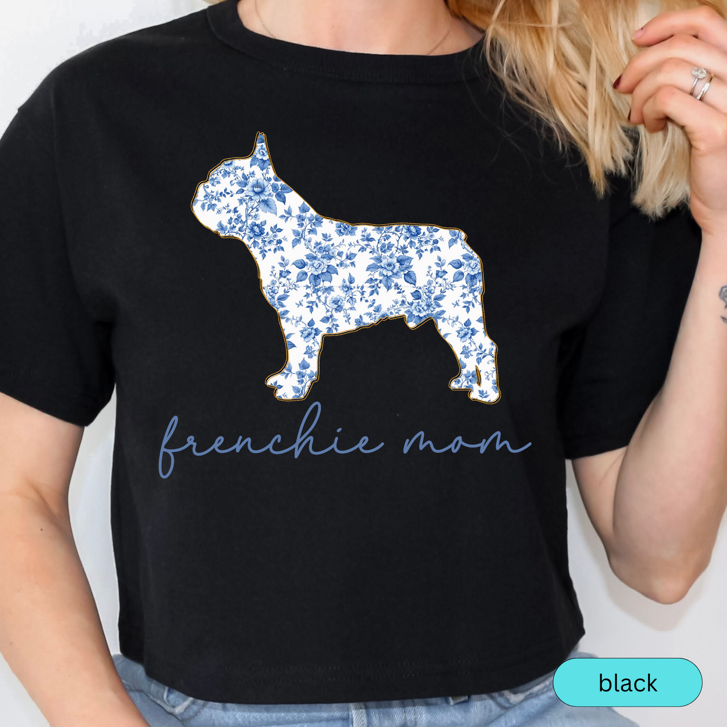 Frenchie Mom T-Shirt, Blue Toile Floral French Bulldog Design, Perfect Gift for Dog Lovers, Comfort Colors Cute Women's Tee, Chinoiserie Dog