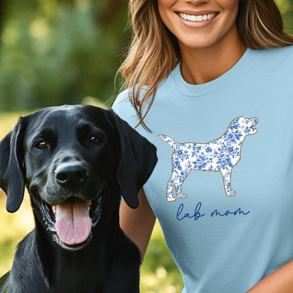 Lab Mom T-Shirt, Blue Floral Dog Silhouette on Soft Pink Tee, Perfect Gift for Labrador Moms, Dog Lover Shirt, Chinoiserie Dog