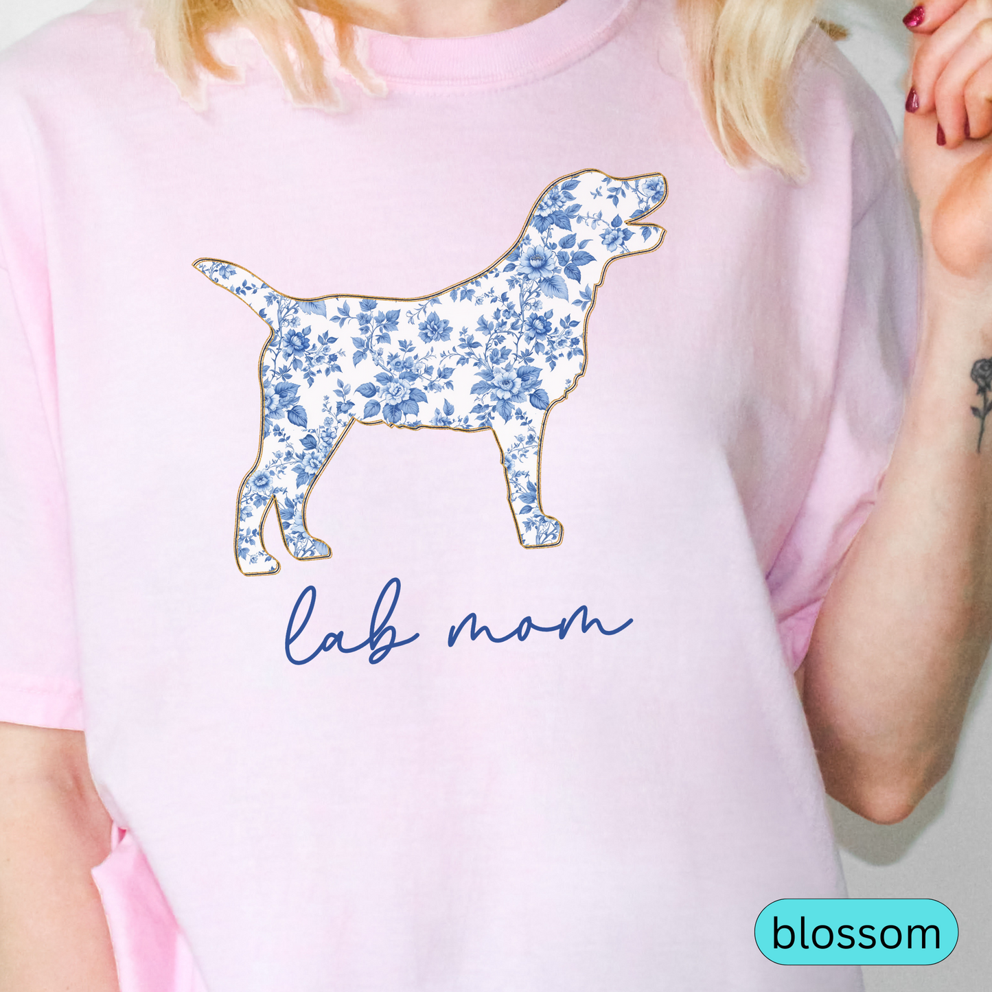 Lab Mom T-Shirt, Blue Floral Dog Silhouette on Soft Pink Tee, Perfect Gift for Labrador Moms, Dog Lover Shirt, Chinoiserie Dog