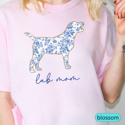 Lab Mom T-Shirt, Blue Floral Dog Silhouette on Soft Pink Tee, Perfect Gift for Labrador Moms, Dog Lover Shirt, Chinoiserie Dog