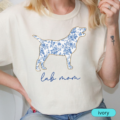 Lab Mom T-Shirt, Blue Floral Dog Silhouette on Soft Pink Tee, Perfect Gift for Labrador Moms, Dog Lover Shirt, Chinoiserie Dog
