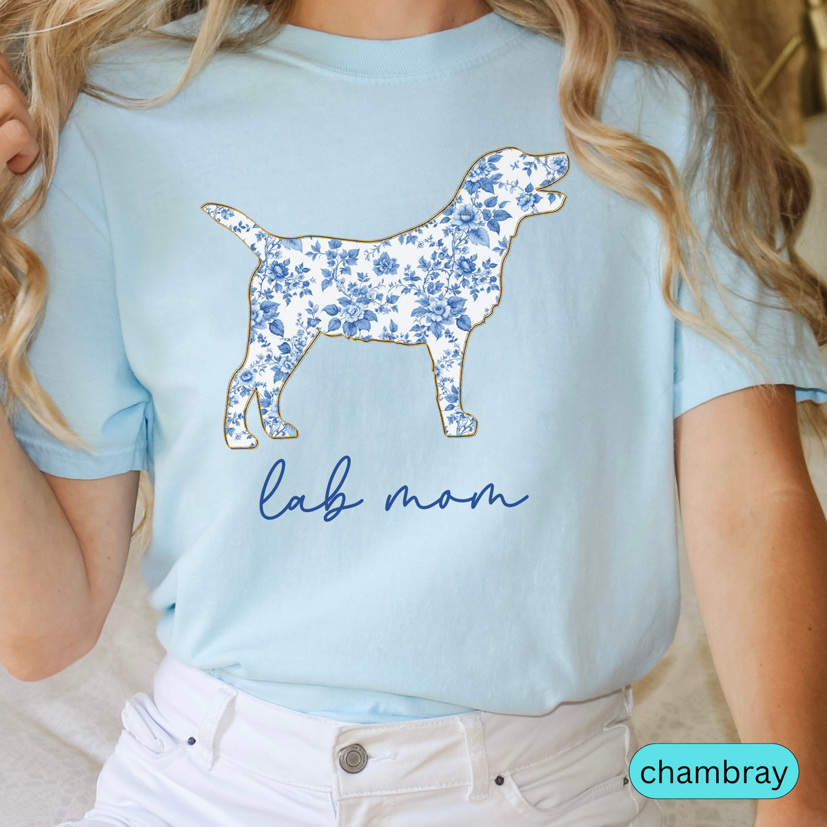 Lab Mom T-Shirt, Blue Floral Dog Silhouette on Soft Pink Tee, Perfect Gift for Labrador Moms, Dog Lover Shirt, Chinoiserie Dog