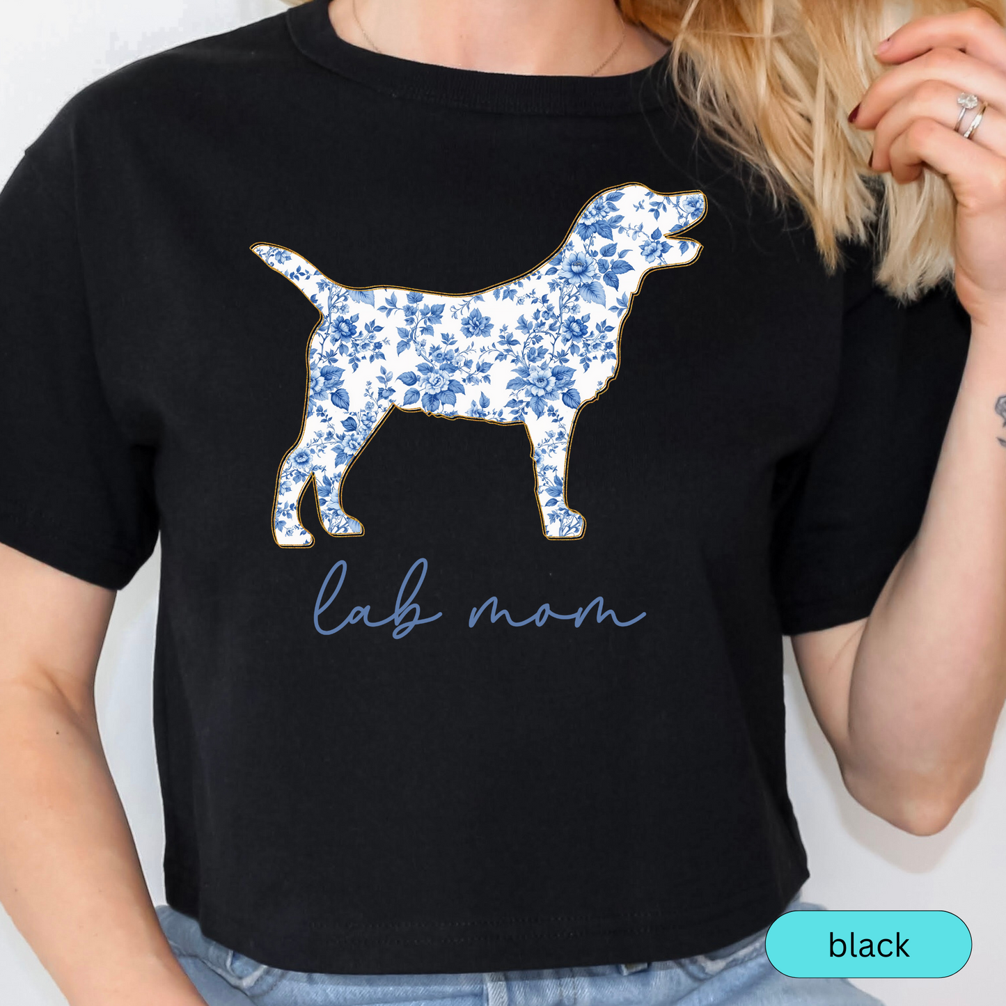 Lab Mom T-Shirt, Blue Floral Dog Silhouette on Soft Pink Tee, Perfect Gift for Labrador Moms, Dog Lover Shirt, Chinoiserie Dog