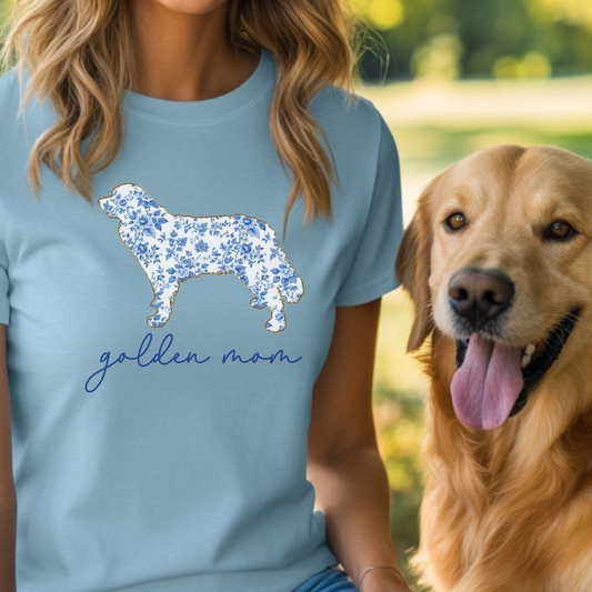 Golden Retriever Mom Shirt, Blue Toile Floral Dog Silhouette Tee, Perfect Gift for Dog Lovers and Pet Parents, Chinoiserie Dog