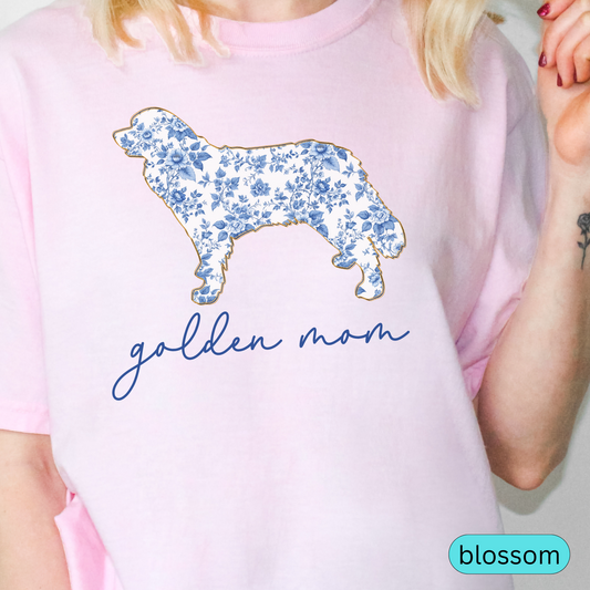 Golden Retriever Mom Shirt, Blue Toile Floral Dog Silhouette Tee, Perfect Gift for Dog Lovers and Pet Parents, Chinoiserie Dog