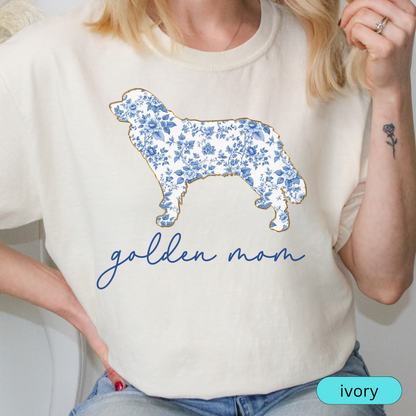 Golden Retriever Mom Shirt, Blue Toile Floral Dog Silhouette Tee, Perfect Gift for Dog Lovers and Pet Parents, Chinoiserie Dog