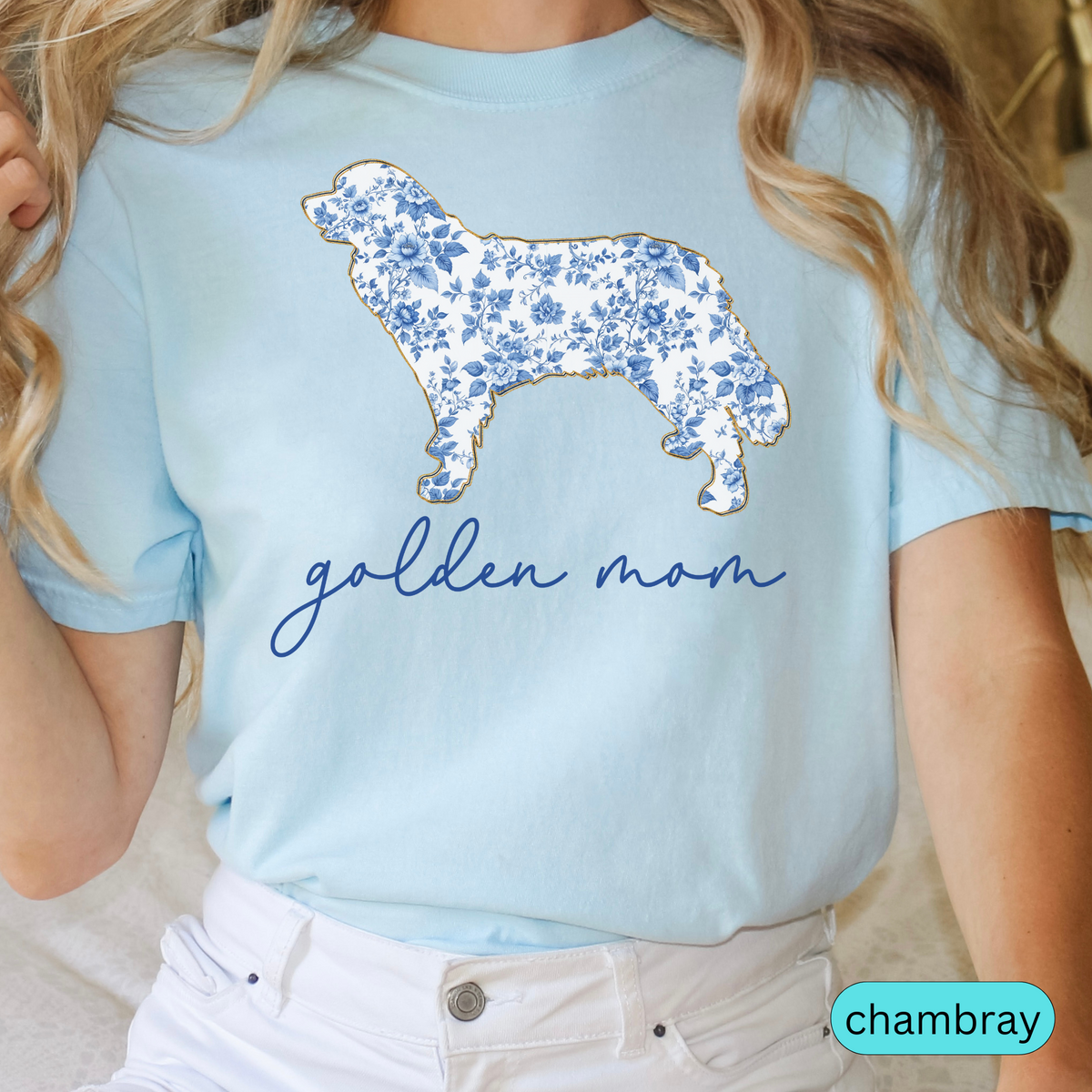 Golden Retriever Mom Shirt, Blue Toile Floral Dog Silhouette Tee, Perfect Gift for Dog Lovers and Pet Parents, Chinoiserie Dog