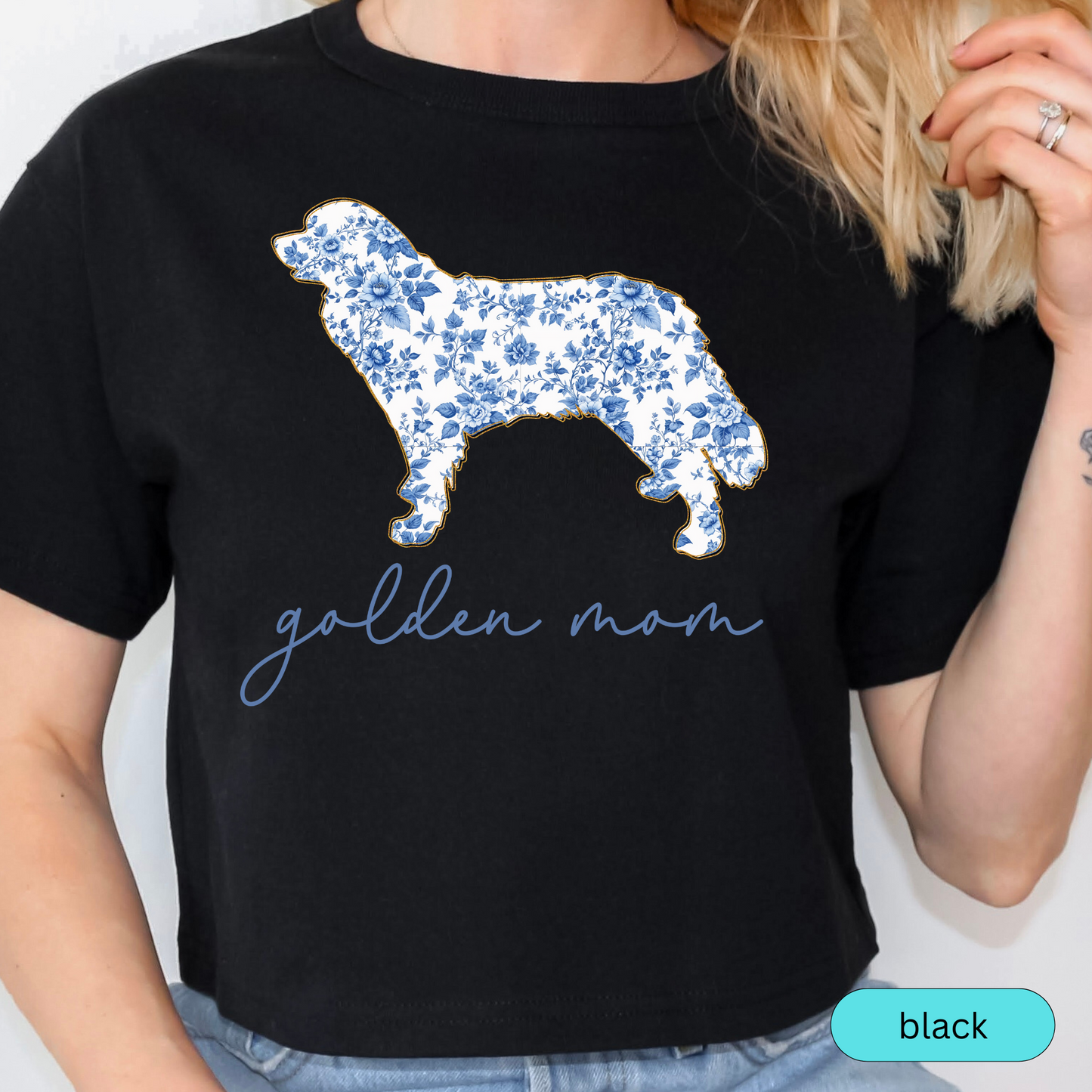 Golden Retriever Mom Shirt, Blue Toile Floral Dog Silhouette Tee, Perfect Gift for Dog Lovers and Pet Parents, Chinoiserie Dog