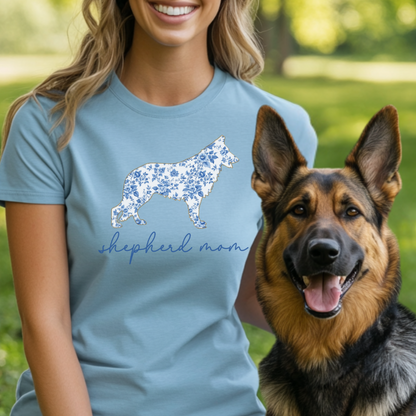 Shepherd Mom Shirt, Blue Floral German Shepherd Silhouette Tee, Gift for Dog Moms & Pet Lovers, Chinoiserie Dog