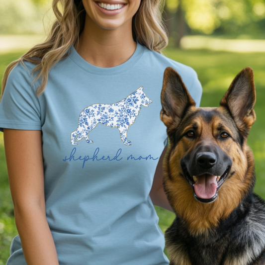 Shepherd Mom Shirt, Blue Floral German Shepherd Silhouette Tee, Gift for Dog Moms & Pet Lovers, Chinoiserie Dog