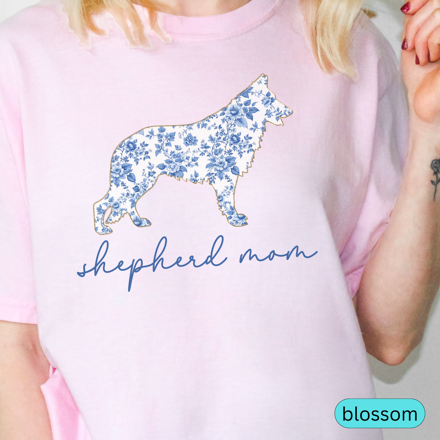 Shepherd Mom Shirt, Blue Floral German Shepherd Silhouette Tee, Gift for Dog Moms & Pet Lovers, Chinoiserie Dog