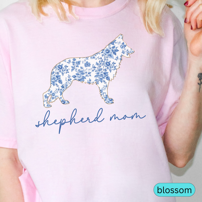 Shepherd Mom Shirt, Blue Floral German Shepherd Silhouette Tee, Gift for Dog Moms & Pet Lovers, Chinoiserie Dog