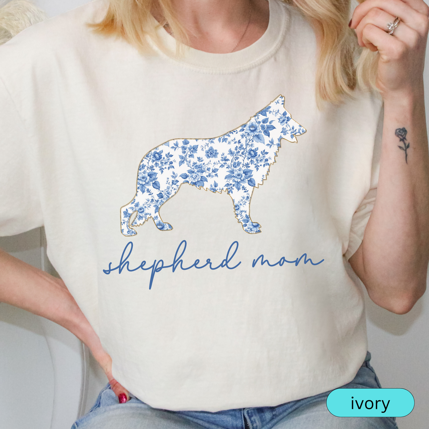 Shepherd Mom Shirt, Blue Floral German Shepherd Silhouette Tee, Gift for Dog Moms & Pet Lovers, Chinoiserie Dog