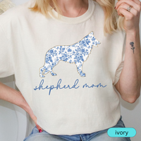 Load image into Gallery viewer, Shepherd Mom Shirt, Blue Floral German Shepherd Silhouette Tee, Gift for Dog Moms &amp; Pet Lovers, Chinoiserie Dog
