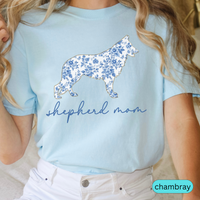 Load image into Gallery viewer, Shepherd Mom Shirt, Blue Floral German Shepherd Silhouette Tee, Gift for Dog Moms &amp; Pet Lovers, Chinoiserie Dog
