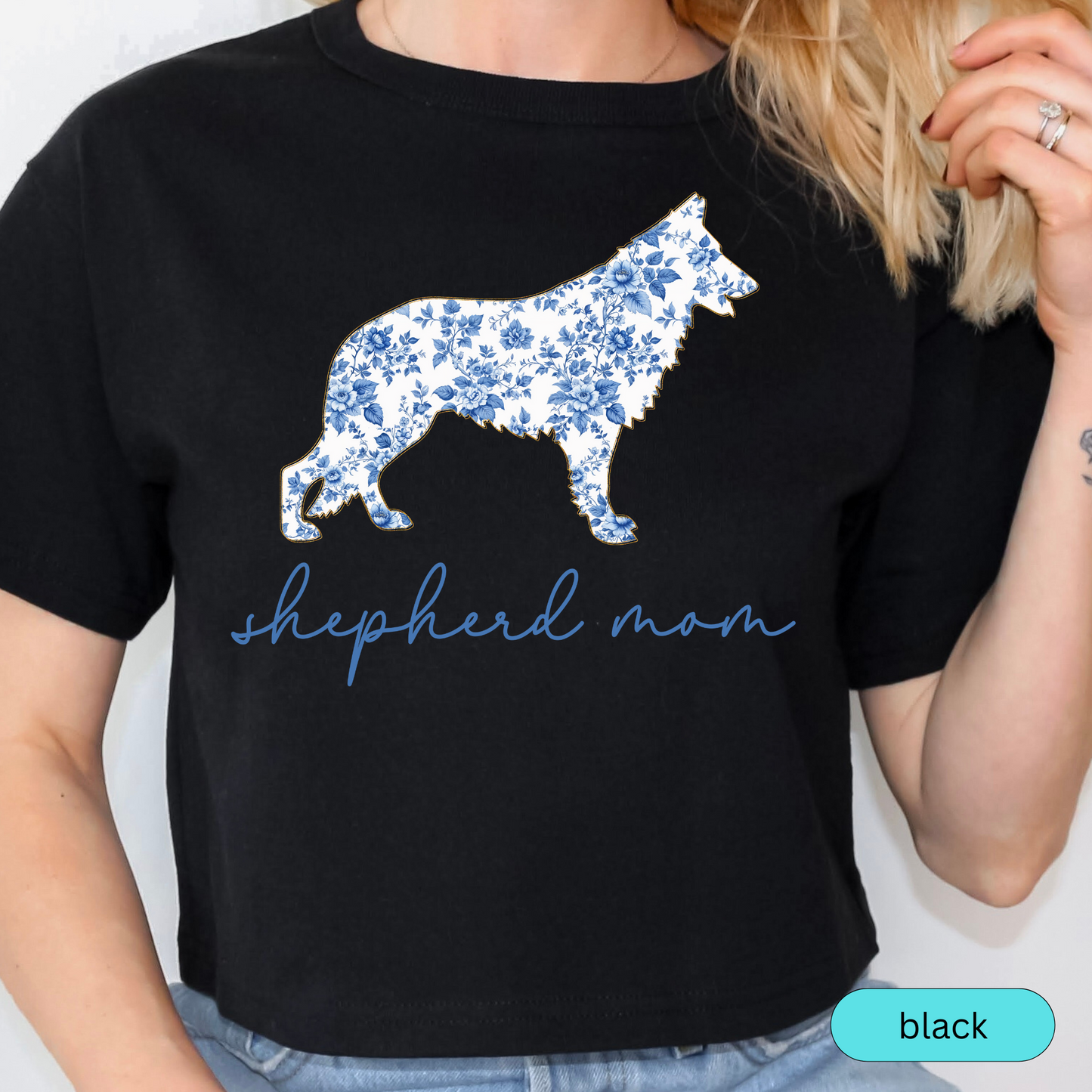 Shepherd Mom Shirt, Blue Floral German Shepherd Silhouette Tee, Gift for Dog Moms & Pet Lovers, Chinoiserie Dog