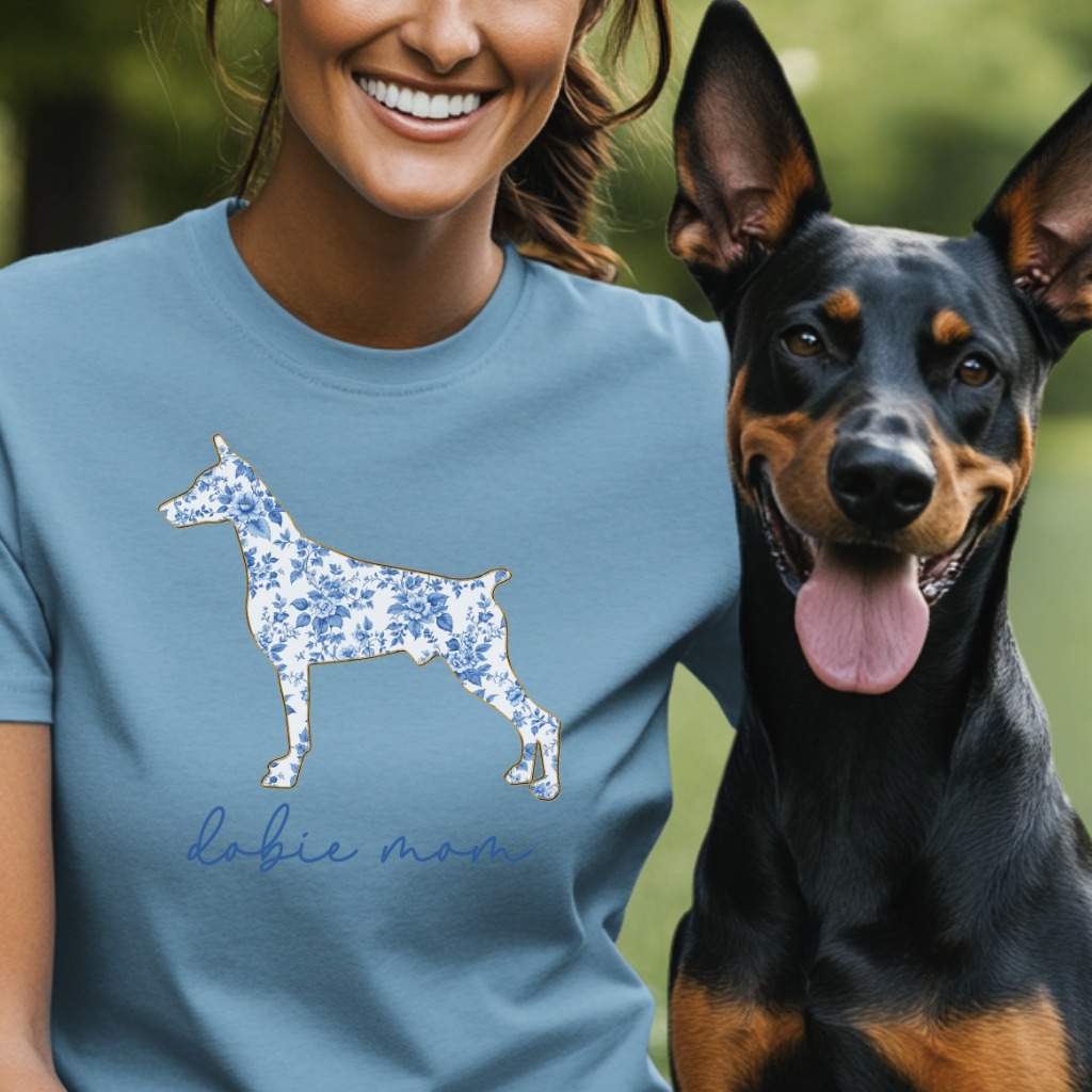 Dobie Mom Shirt, Blue Floral Doberman Silhouette Tee, Perfect Gift for Doberman Pinscher Lovers & Pet Parents, Chinoiserie Dog