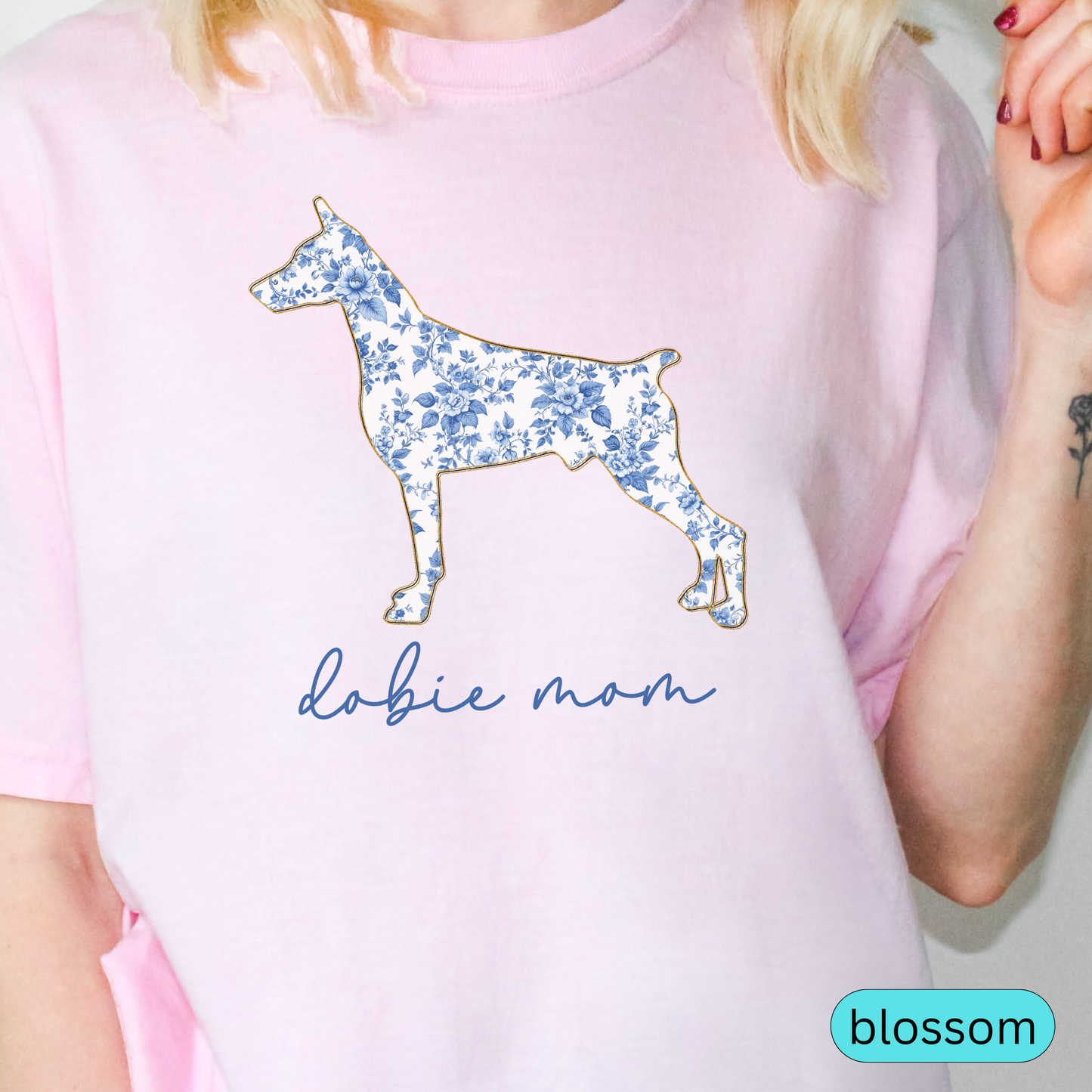 Dobie Mom Shirt, Blue Floral Doberman Silhouette Tee, Perfect Gift for Doberman Pinscher Lovers & Pet Parents, Chinoiserie Dog