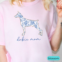 Load image into Gallery viewer, Dobie Mom Shirt, Blue Floral Doberman Silhouette Tee, Perfect Gift for Doberman Pinscher Lovers &amp; Pet Parents, Chinoiserie Dog
