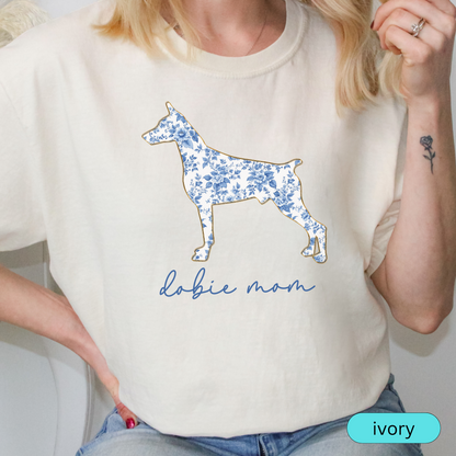 Dobie Mom Shirt, Blue Floral Doberman Silhouette Tee, Perfect Gift for Doberman Pinscher Lovers & Pet Parents, Chinoiserie Dog