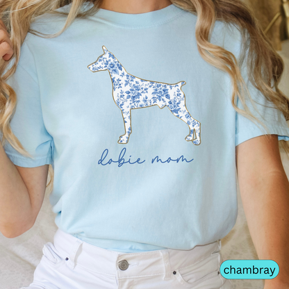 Dobie Mom Shirt, Blue Floral Doberman Silhouette Tee, Perfect Gift for Doberman Pinscher Lovers & Pet Parents, Chinoiserie Dog
