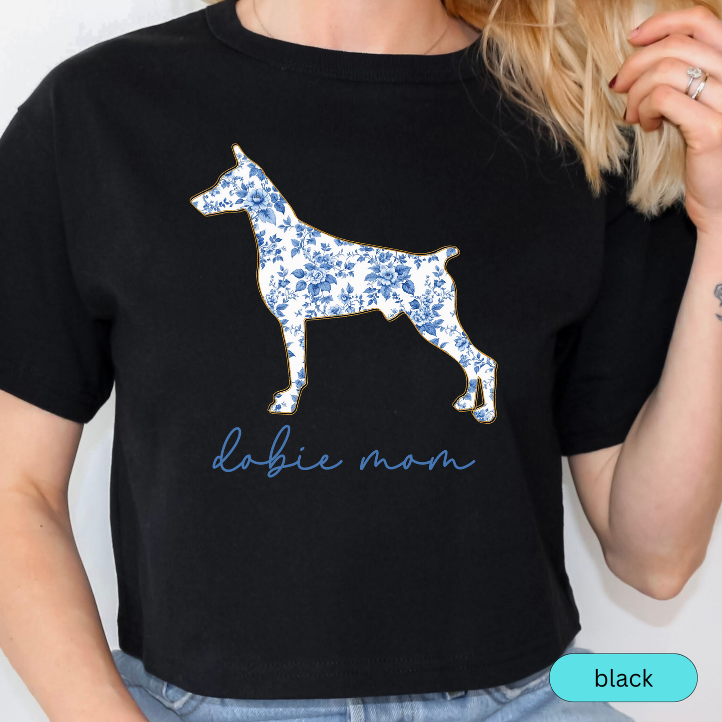 Dobie Mom Shirt, Blue Floral Doberman Silhouette Tee, Perfect Gift for Doberman Pinscher Lovers & Pet Parents, Chinoiserie Dog