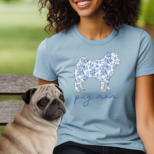 Pug Mom Shirt, Cute Floral Toile Pug T-Shirt, Dog Mom Gift, Pug Lover Tee, Pet Lover Gift, Trendy Dog Tee, Chinoiserie Dog
