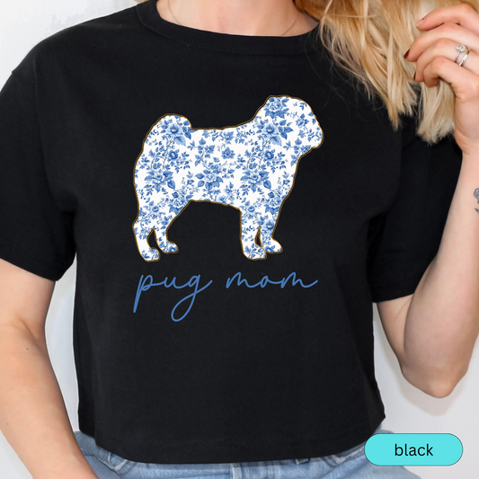 Pug Mom Shirt, Cute Floral Toile Pug T-Shirt, Dog Mom Gift, Pug Lover Tee, Pet Lover Gift, Trendy Dog Tee, Chinoiserie Dog