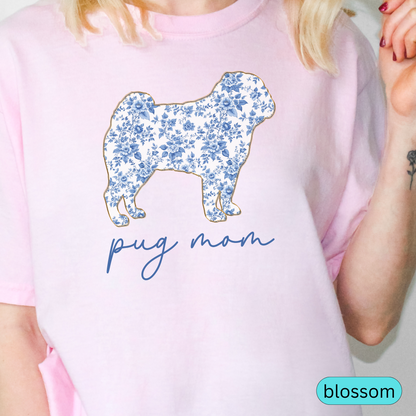 Pug Mom Shirt, Cute Floral Toile Pug T-Shirt, Dog Mom Gift, Pug Lover Tee, Pet Lover Gift, Trendy Dog Tee, Chinoiserie Dog