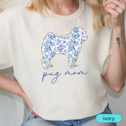 Pug Mom Shirt, Cute Floral Toile Pug T-Shirt, Dog Mom Gift, Pug Lover Tee, Pet Lover Gift, Trendy Dog Tee, Chinoiserie Dog