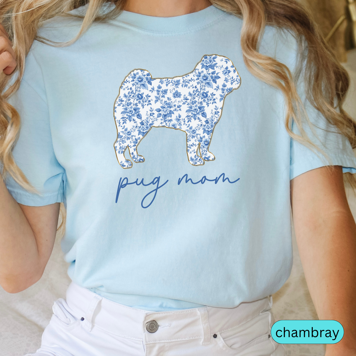 Pug Mom Shirt, Cute Floral Toile Pug T-Shirt, Dog Mom Gift, Pug Lover Tee, Pet Lover Gift, Trendy Dog Tee, Chinoiserie Dog