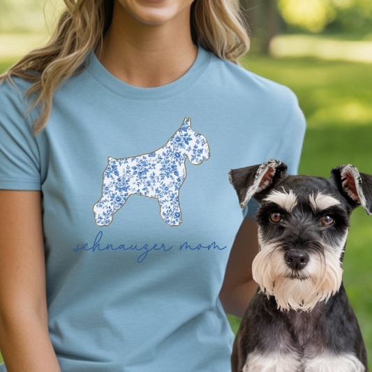 Schnauzer Mom Shirt, Cute Floral Schnauzer T-Shirt, Dog Mom Gift, Schnauzer Lover Tee, Aesthetic Dog Shirt, Pet Mom Gift, Chinoiserie Dog