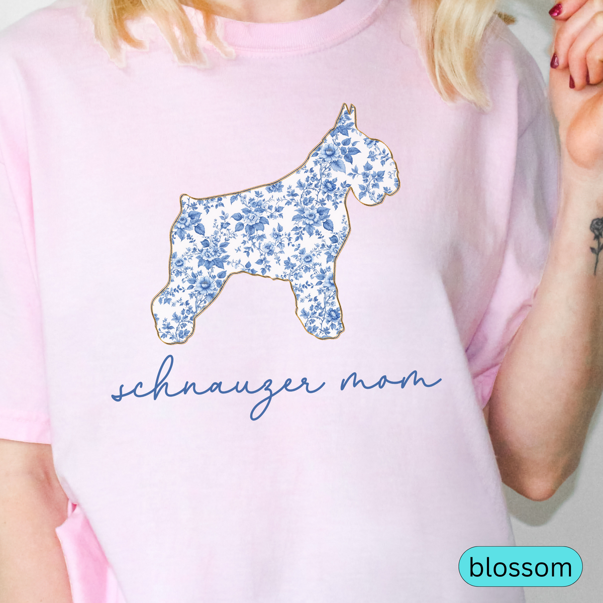 Schnauzer Mom Shirt, Cute Floral Schnauzer T-Shirt, Dog Mom Gift, Schnauzer Lover Tee, Aesthetic Dog Shirt, Pet Mom Gift, Chinoiserie Dog