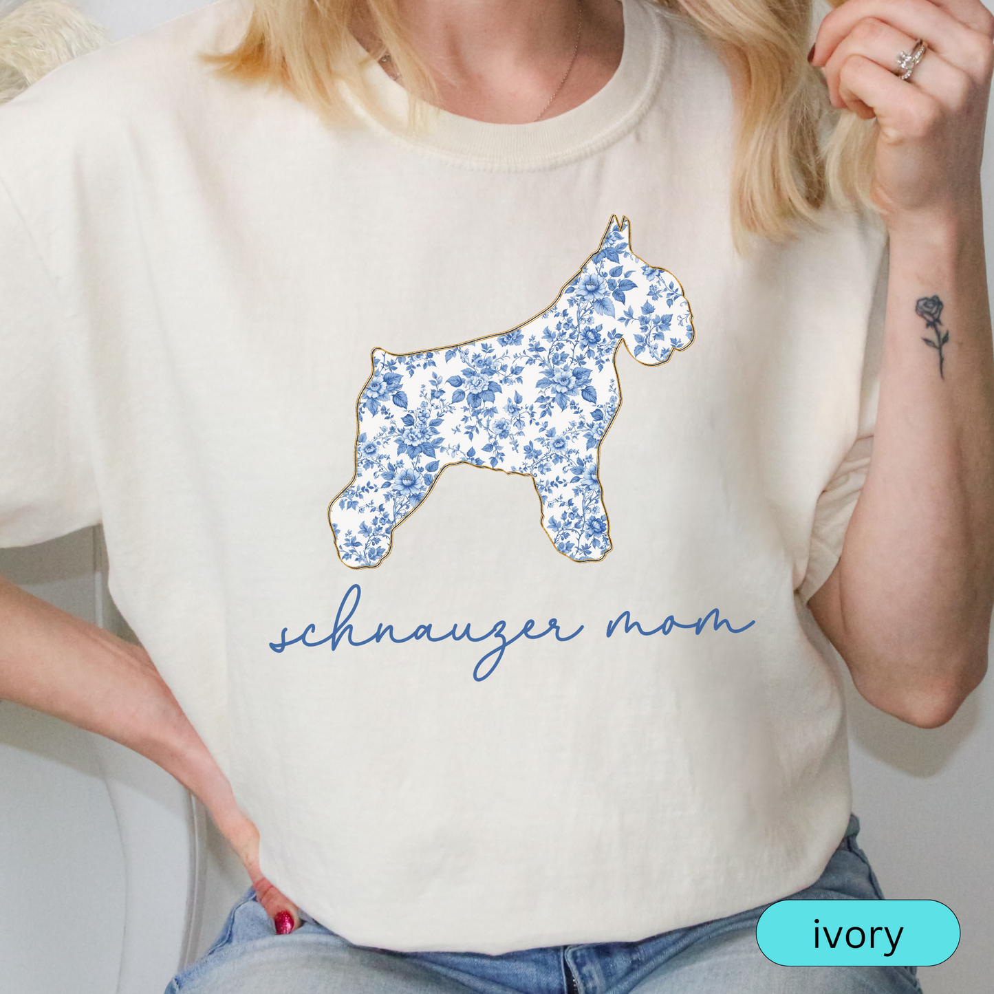 Schnauzer Mom Shirt, Cute Floral Schnauzer T-Shirt, Dog Mom Gift, Schnauzer Lover Tee, Aesthetic Dog Shirt, Pet Mom Gift, Chinoiserie Dog