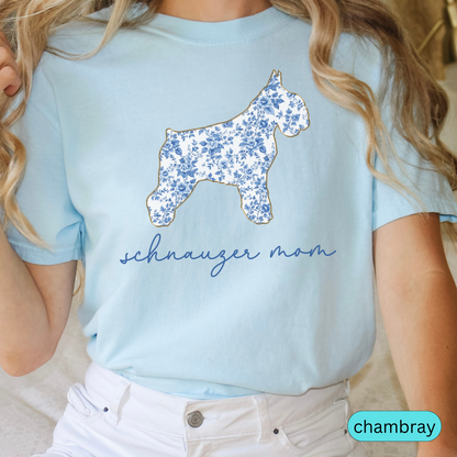 Schnauzer Mom Shirt, Cute Floral Schnauzer T-Shirt, Dog Mom Gift, Schnauzer Lover Tee, Aesthetic Dog Shirt, Pet Mom Gift, Chinoiserie Dog