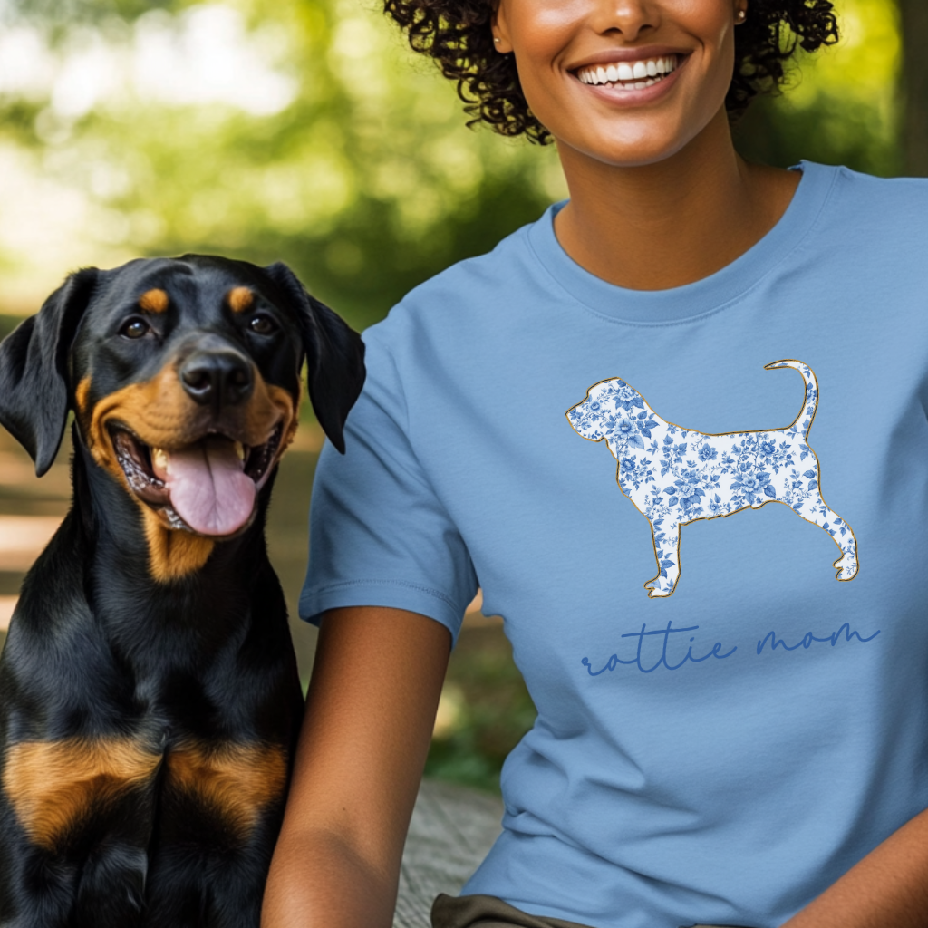 Rottie Mom Shirt, Cute Floral Rottweiler T-Shirt, Dog Mom Gift, Rottweiler Lover Tee, Aesthetic Dog Shirt, Pet Mom Gift, Chinoiserie Dog