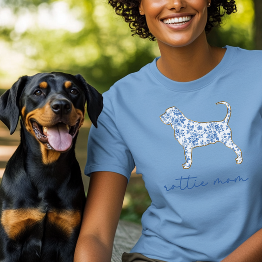 Rottie Mom Shirt, Cute Floral Rottweiler T-Shirt, Dog Mom Gift, Rottweiler Lover Tee, Aesthetic Dog Shirt, Pet Mom Gift, Chinoiserie Dog