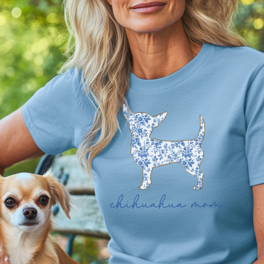 Chihuahua Mom Shirt, Blue Floral Toile Dog Lover Tee, Gift for Chihuahua Owner, Cute Pet Lover Shirt, Women's Dog Mom Shirt, Chinoiserie Dog