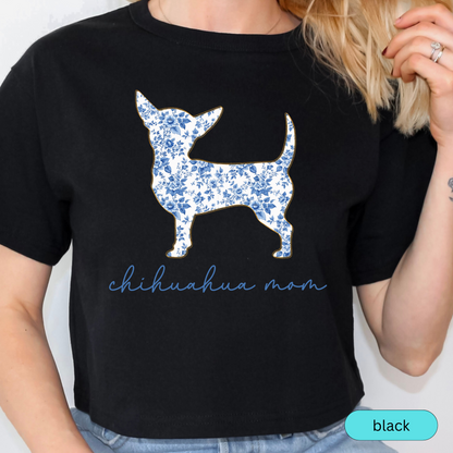 Chihuahua Mom Shirt, Blue Floral Toile Dog Lover Tee, Gift for Chihuahua Owner, Cute Pet Lover Shirt, Women's Dog Mom Shirt, Chinoiserie Dog
