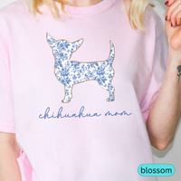 Load image into Gallery viewer, Chihuahua Mom Shirt, Blue Floral Toile Dog Lover Tee, Gift for Chihuahua Owner, Cute Pet Lover Shirt, Women&#39;s Dog Mom Shirt, Chinoiserie Dog
