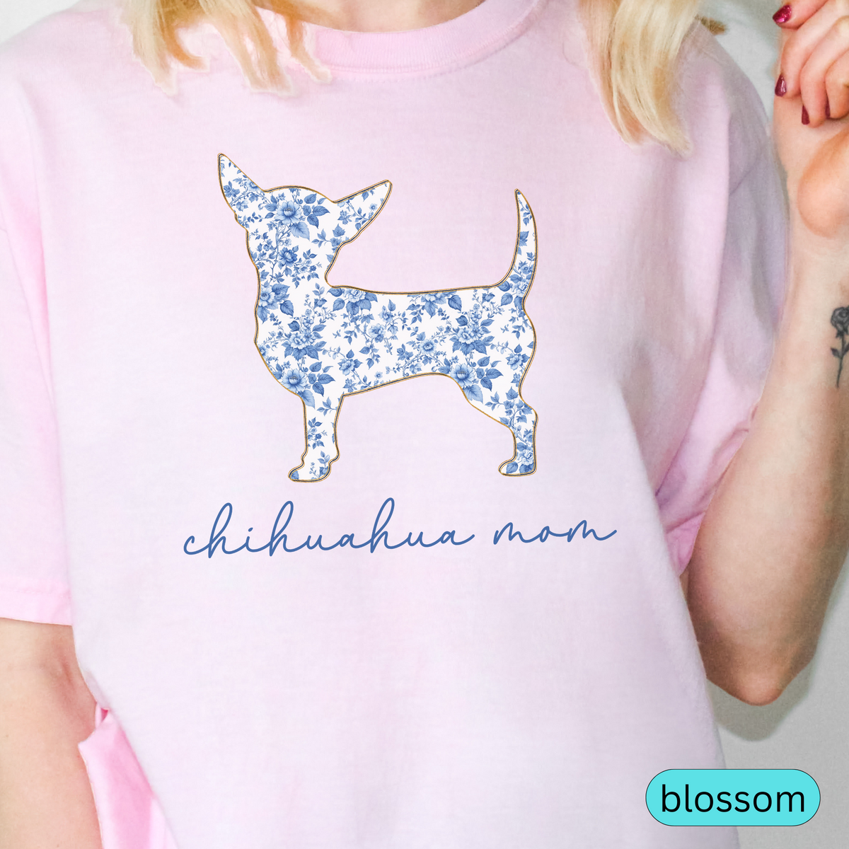 Chihuahua Mom Shirt, Blue Floral Toile Dog Lover Tee, Gift for Chihuahua Owner, Cute Pet Lover Shirt, Women's Dog Mom Shirt, Chinoiserie Dog