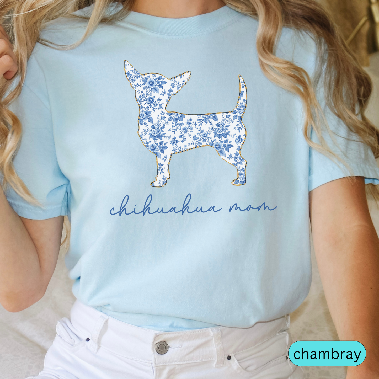 Chihuahua Mom Shirt, Blue Floral Toile Dog Lover Tee, Gift for Chihuahua Owner, Cute Pet Lover Shirt, Women's Dog Mom Shirt, Chinoiserie Dog
