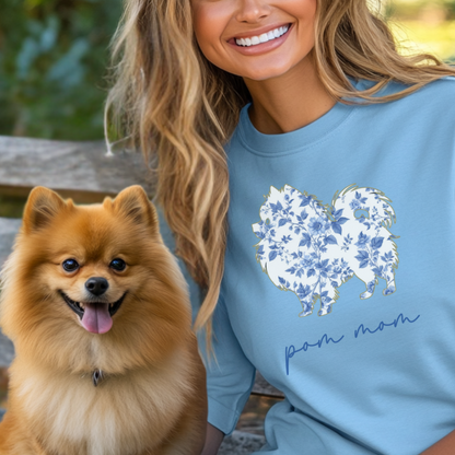 Pom Mom Shirt, Pomeranian Lover Gift, Blue Floral Toile Dog Mom Tee, Cute Pet Owner Shirt, Women's Pomeranian Dog T-Shirt, Chinoiserie Dog