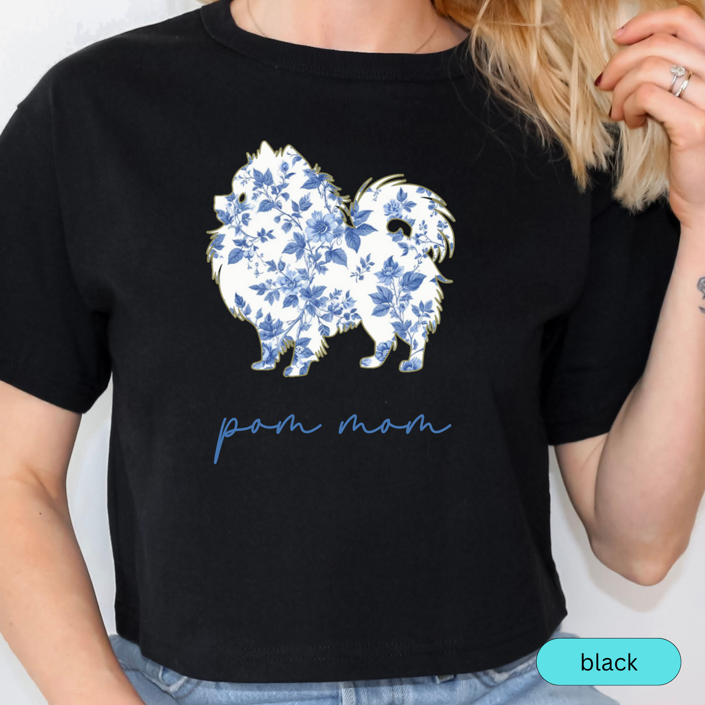 Pom Mom Shirt, Pomeranian Lover Gift, Blue Floral Toile Dog Mom Tee, Cute Pet Owner Shirt, Women's Pomeranian Dog T-Shirt, Chinoiserie Dog