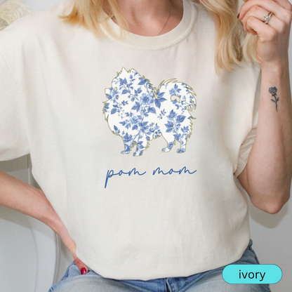 Pom Mom Shirt, Pomeranian Lover Gift, Blue Floral Toile Dog Mom Tee, Cute Pet Owner Shirt, Women's Pomeranian Dog T-Shirt, Chinoiserie Dog