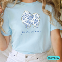 Load image into Gallery viewer, Pom Mom Shirt, Pomeranian Lover Gift, Blue Floral Toile Dog Mom Tee, Cute Pet Owner Shirt, Women&#39;s Pomeranian Dog T-Shirt, Chinoiserie Dog

