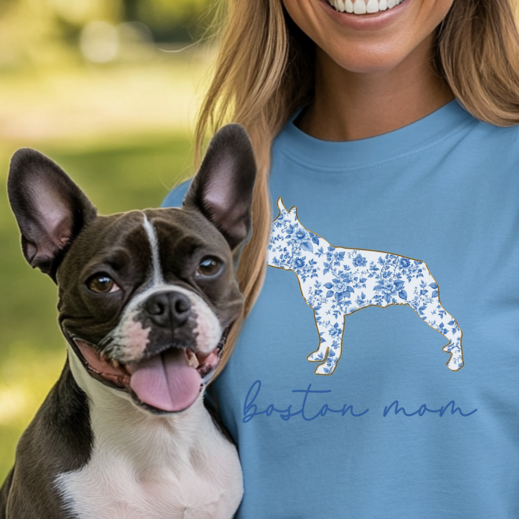 Boston Mom Shirt, Boston Terrier Lover Gift, Blue Floral Toile Dog Mom Tee, Pet Owner Shirt, Women's Boston Terrier T-Shirt, Chinoiserie Dog