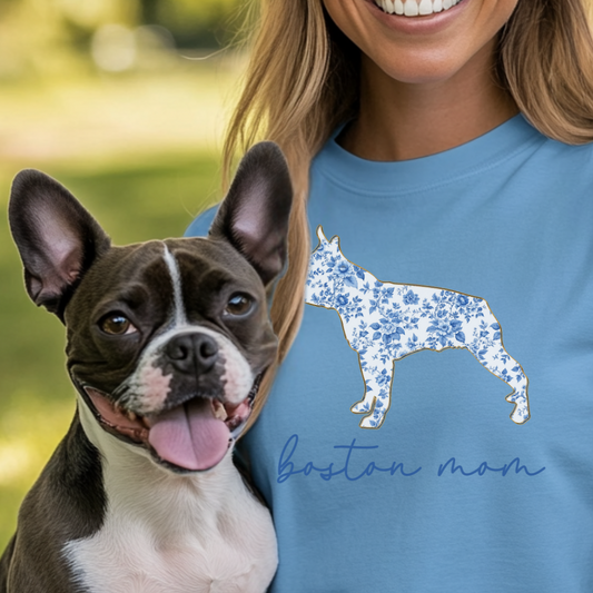 Boston Mom Shirt, Boston Terrier Lover Gift, Blue Floral Toile Dog Mom Tee, Pet Owner Shirt, Women's Boston Terrier T-Shirt, Chinoiserie Dog